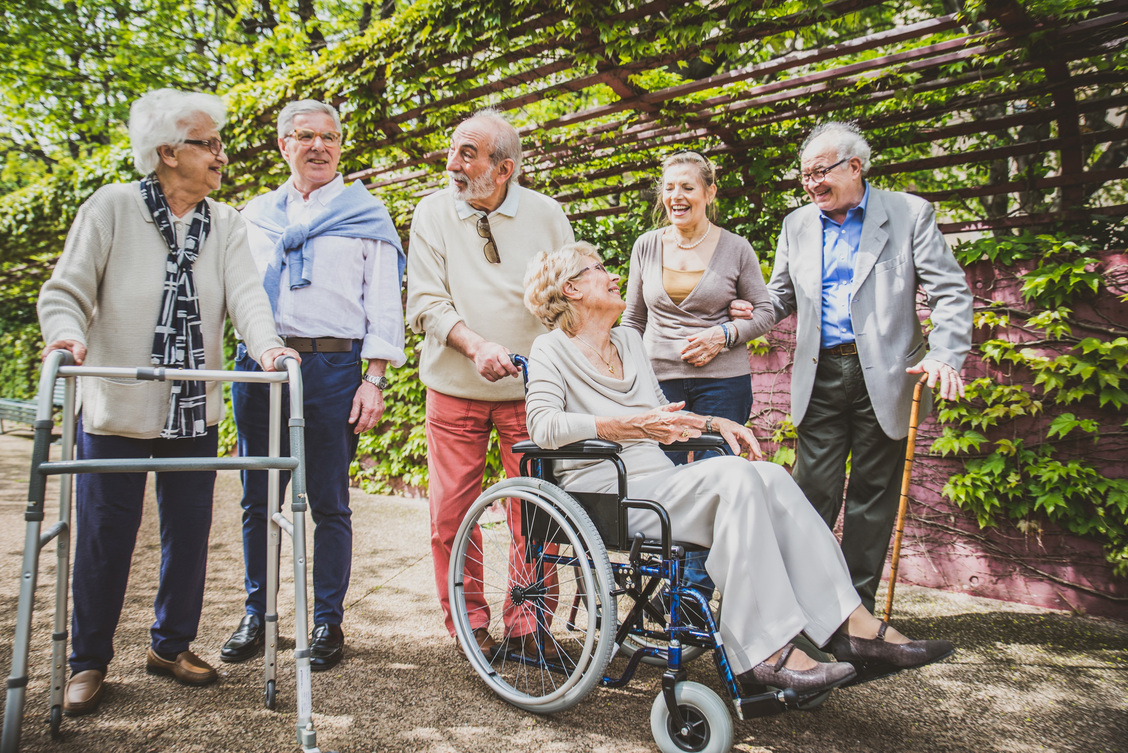 Group of seniors socialising outdoors in a garden, including a woman in a wheelchair