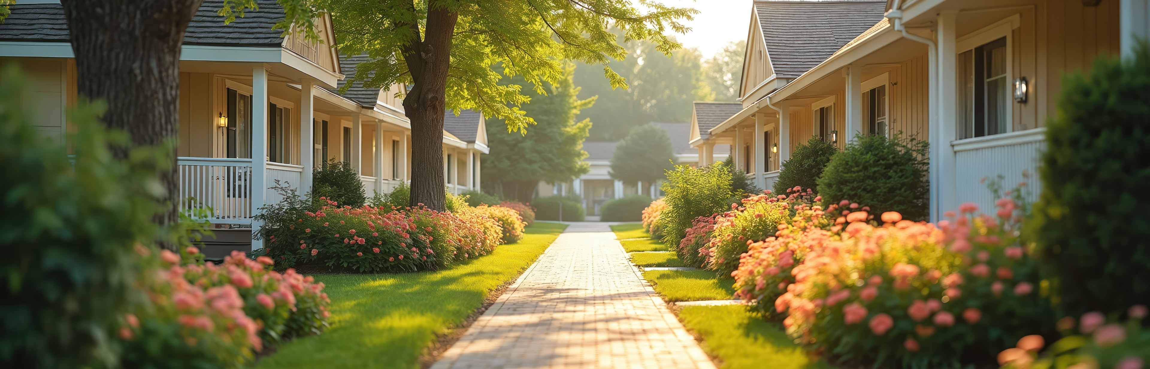 A peaceful residential street with charming ground-level homes, lush gardens, and a welcoming walkway — the kind of assisted living community Squamish seniors deserve